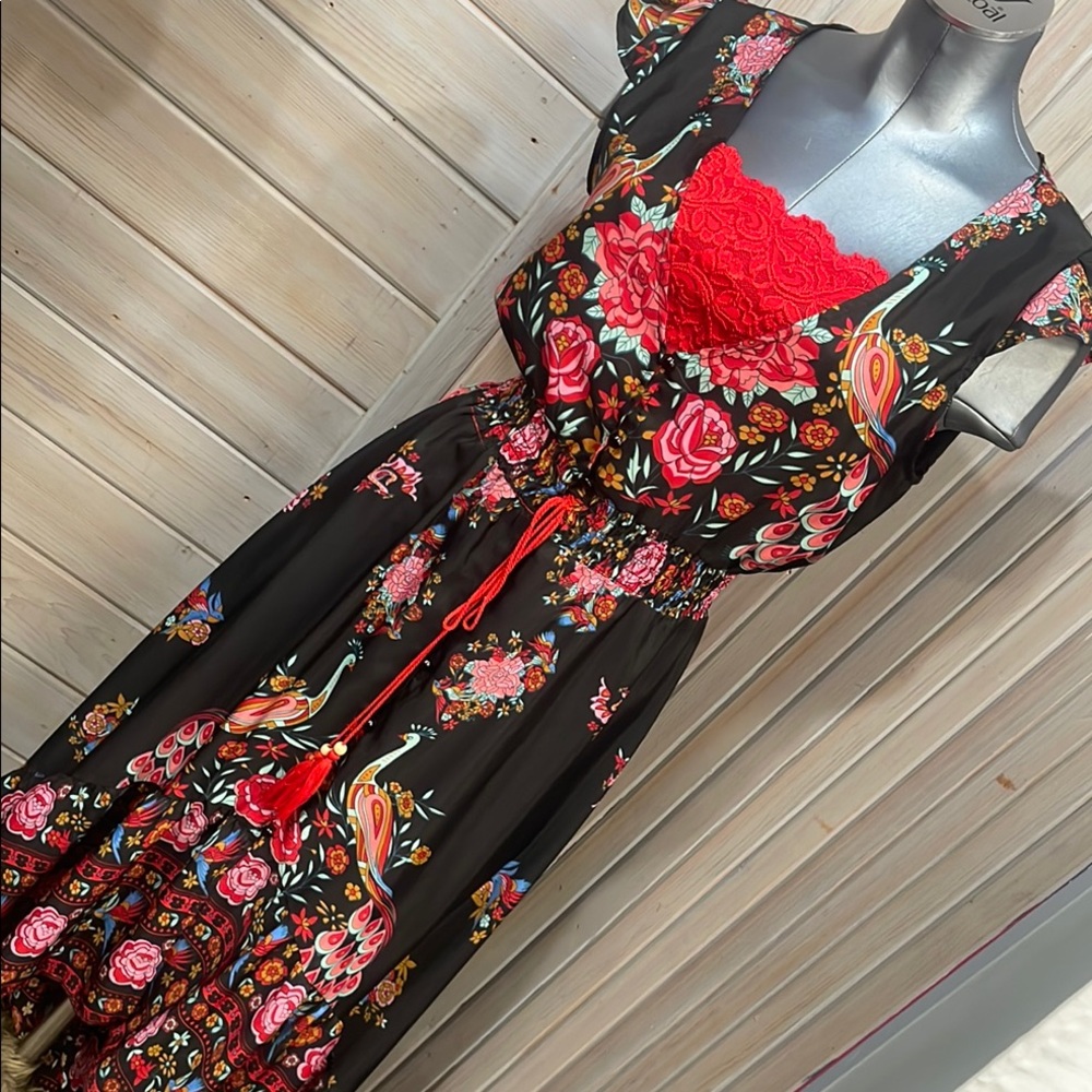 Black, Red and Pink Asymmetric Button Down Maxi Dress